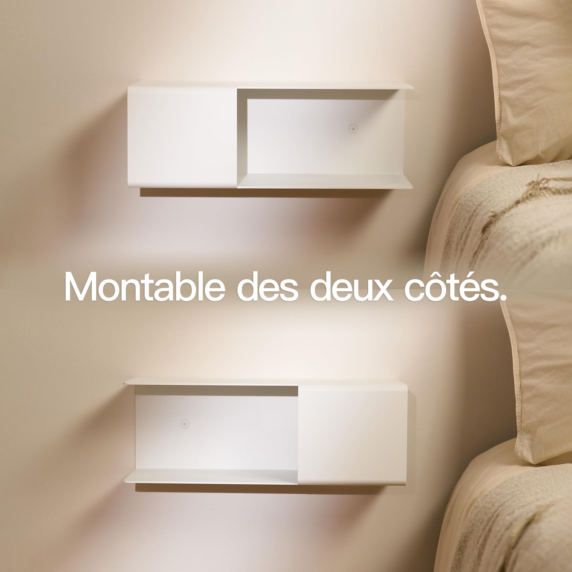 Design Hambourg Table de chevet murale en métal | Blanc | Table de chevet murale avec compartiment caché et passe-câbles | Compacte, moderne et facile à monter