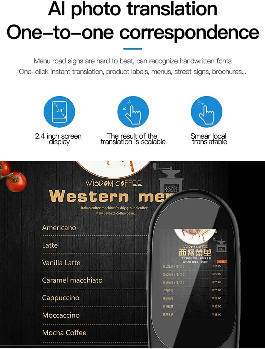 Smart Instant Language Translator Photo Scanning Translator 2.4 Inch Touch Screen WiFi Support Offline Portable Multi-Language Translation,A