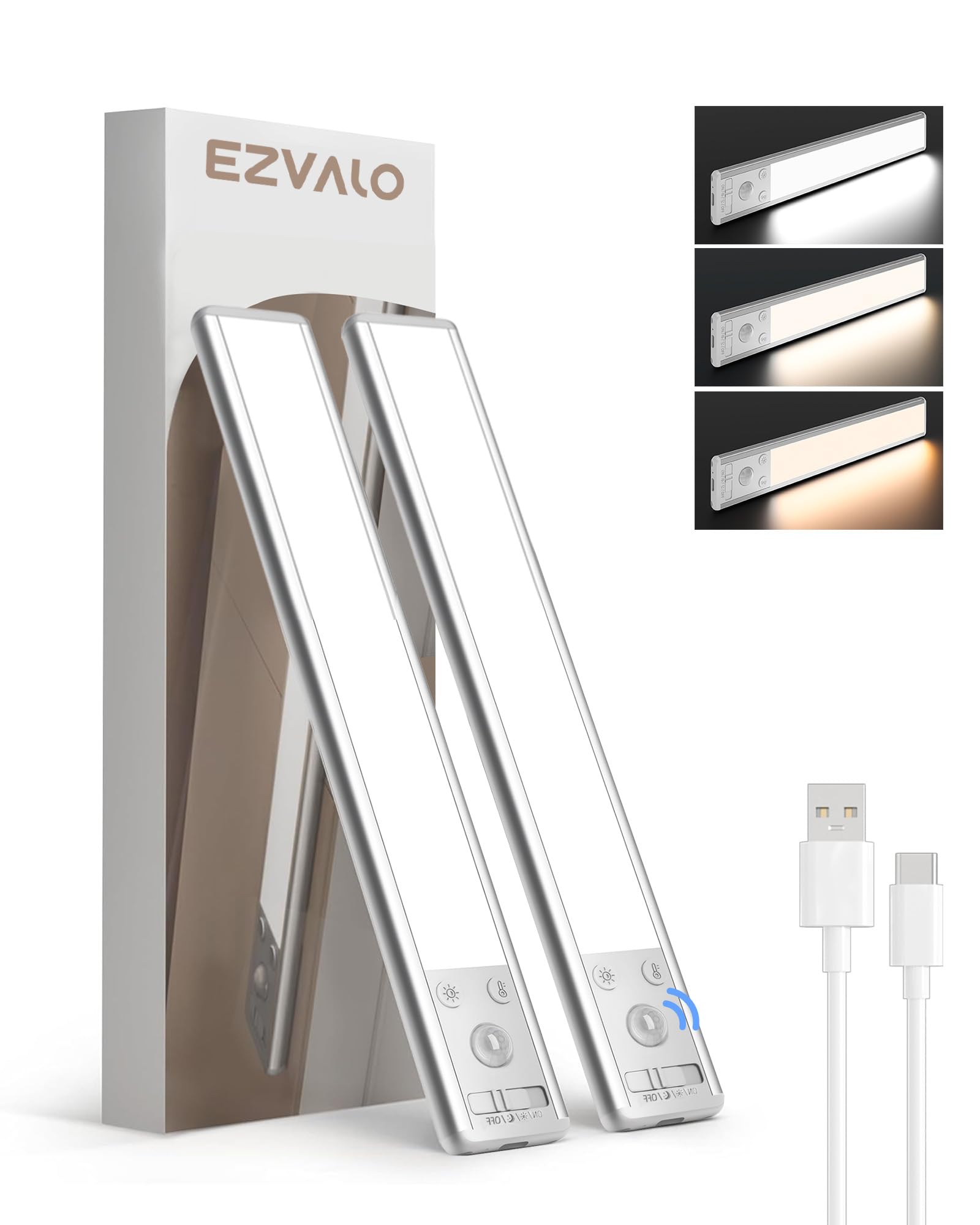 EZVALO Under Cabinet Kitchen Lights, 3 Color Dimmable 62 LED Motion Sensor Lights Indoor, 1600mAh Rechargeable LED Lights for Cupboard, Kitchen (20.5cm, 2 Pack)
