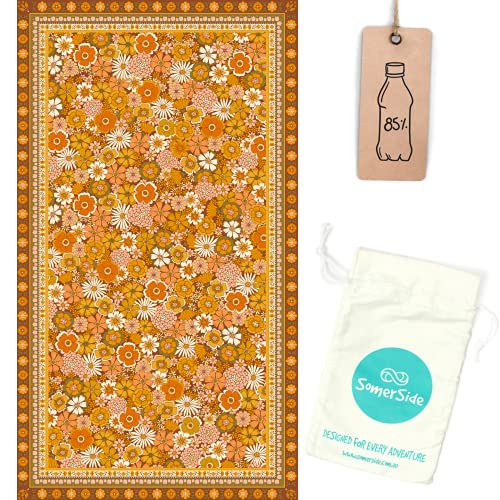 Somerside Golden Vintage Sustainable Sand Free Beach Towel 63X35 Inches | Lightweight Quick Dry Beach Towel Made With Recycled Plastic | Large Beach Towel With Hidden Pocket | Microfiber Beach Towel #TOP2