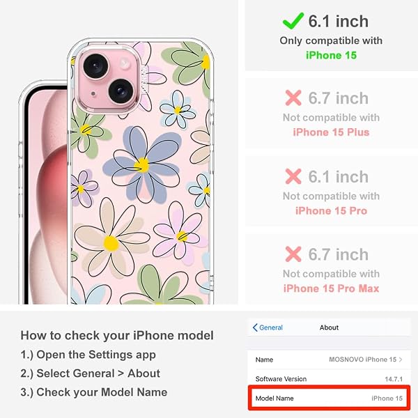 A close-up view of the MOSNOVO iPhone 15 case showcasing its 'Linear Blooms' design and clear TPU bumper.