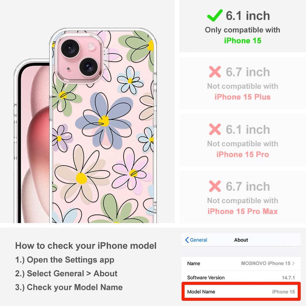 A close-up view of the MOSNOVO iPhone 15 case showcasing its 'Linear Blooms' design and clear TPU bumper.