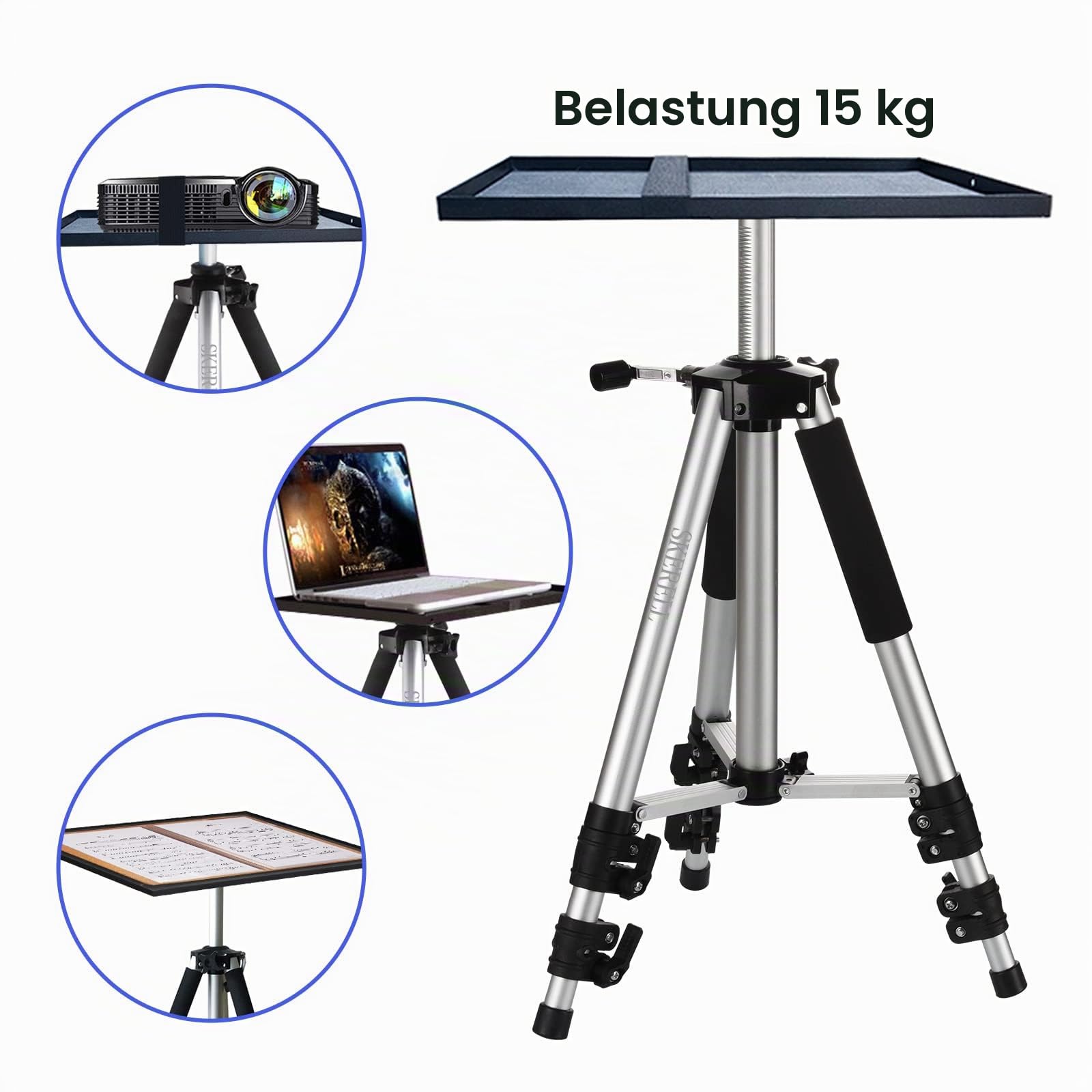 SKERELL Beamer Ständer Multifunktionaler Bodenständer für Projektor Laptop Kamera, Tragbarer Aluminium verstellbar Höhe 18-48 Zoll, mit Platte Kugelkopf Tragetasche, 33LB Silber