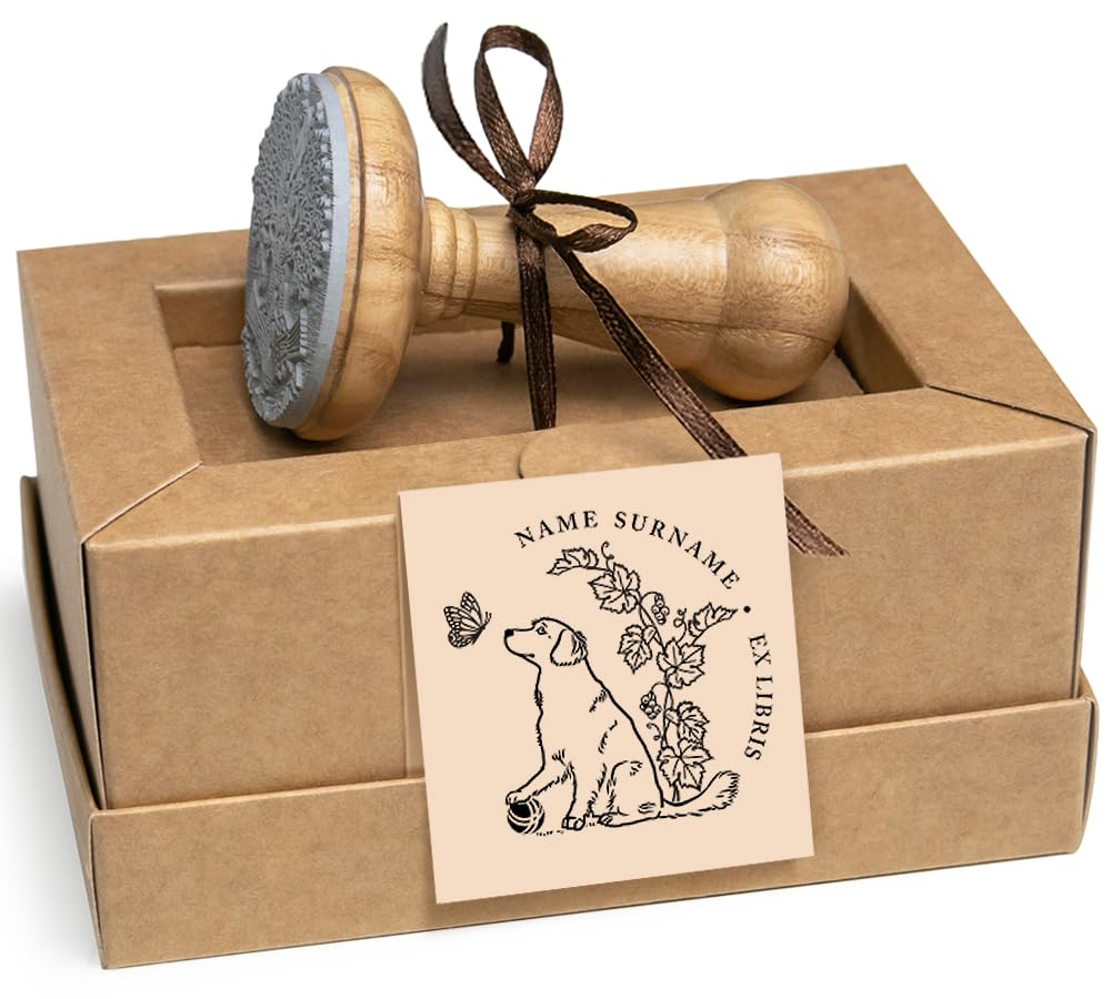 Cane Golden Retriever Ex libris Personalizzabile, Timbro Cane e Farfalla, Fatto a Mano Regali Amanti Cani Libri in Scatola Regalo Speciale