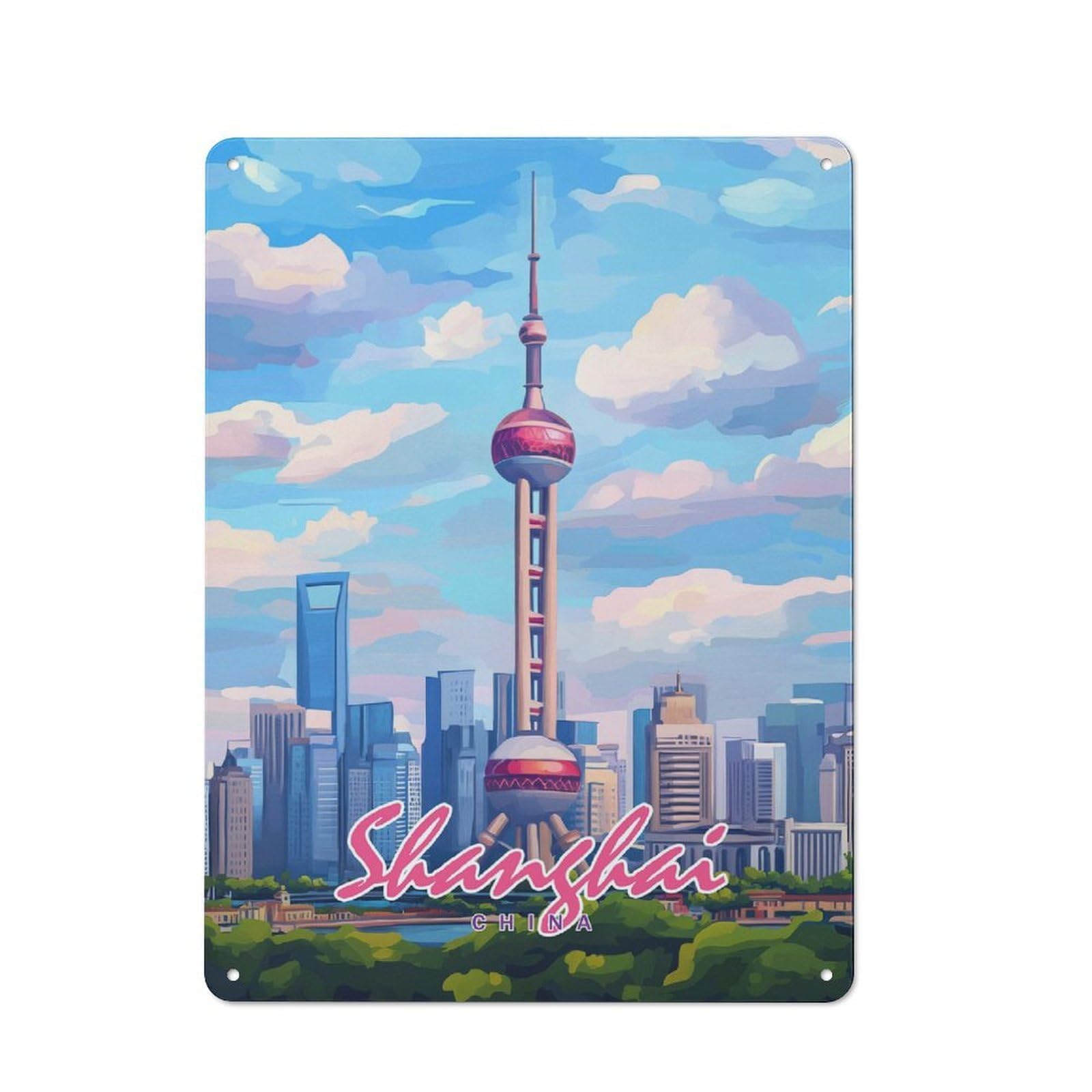 Junmoney Style-16 Shanghai Skyline Retro Tin Wall Plaque 40X30cm For Hobby Room Or Studio, New Home Wall Decor For Hobby Room Decor Fans