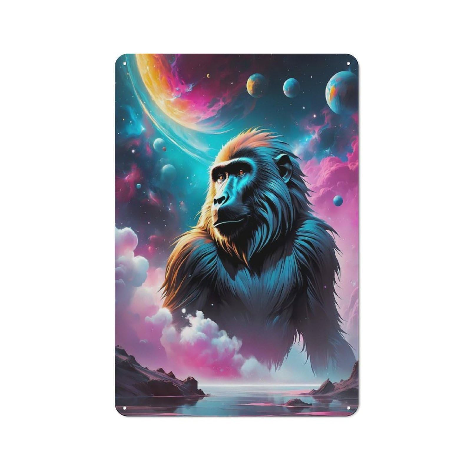 Vintage Metal Sign with Baboon Cosmic Space Design 30x20cm, Vintage Bar Wall Plaque for Cafe, Pub, Workshop Or Home Bar