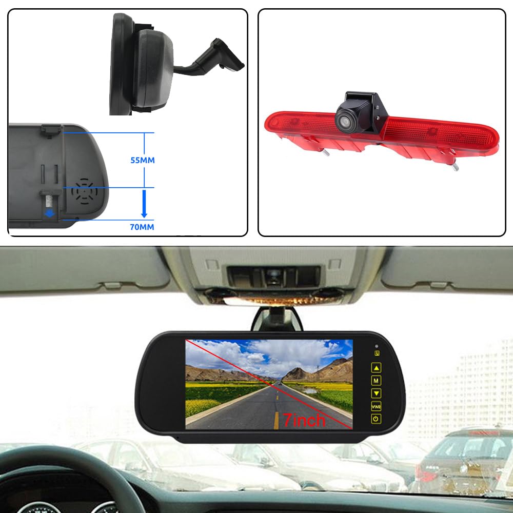 Feu de freinage, caméra de recul, feu stop, caméra + rétroviseur LCD 7" de rechange pour Peugeot Partner 2 II Tepee Rifter/Citroën Berlingo III IV B9 Kasten/Opel Combo Cargo/Vivaro Van NEV/Zafira Life