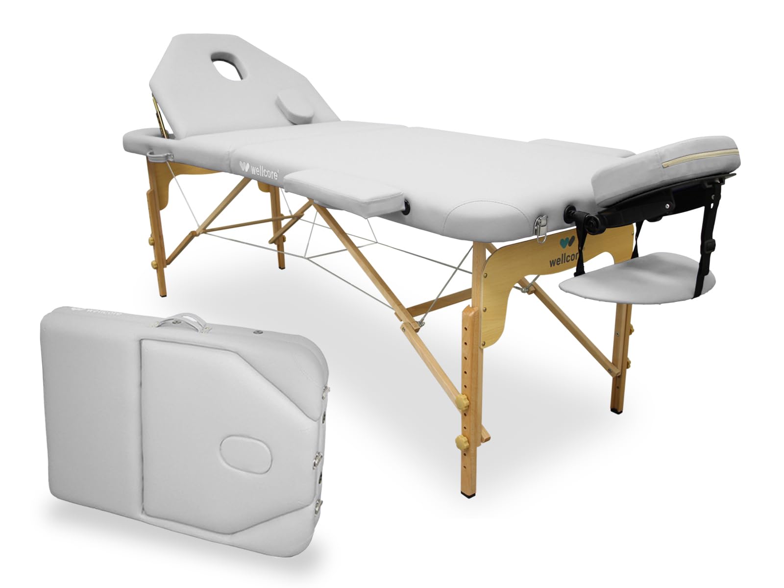QUIRUMED WELLCORE Camilla de Masaje Plegable, con Respaldo abatible, Fabricada en Madera, Polipiel, 195 x 70 cm, Altura Regulable, Cabezal extraíble, Agujero Facial, Color Blanco, hasta 225 kg