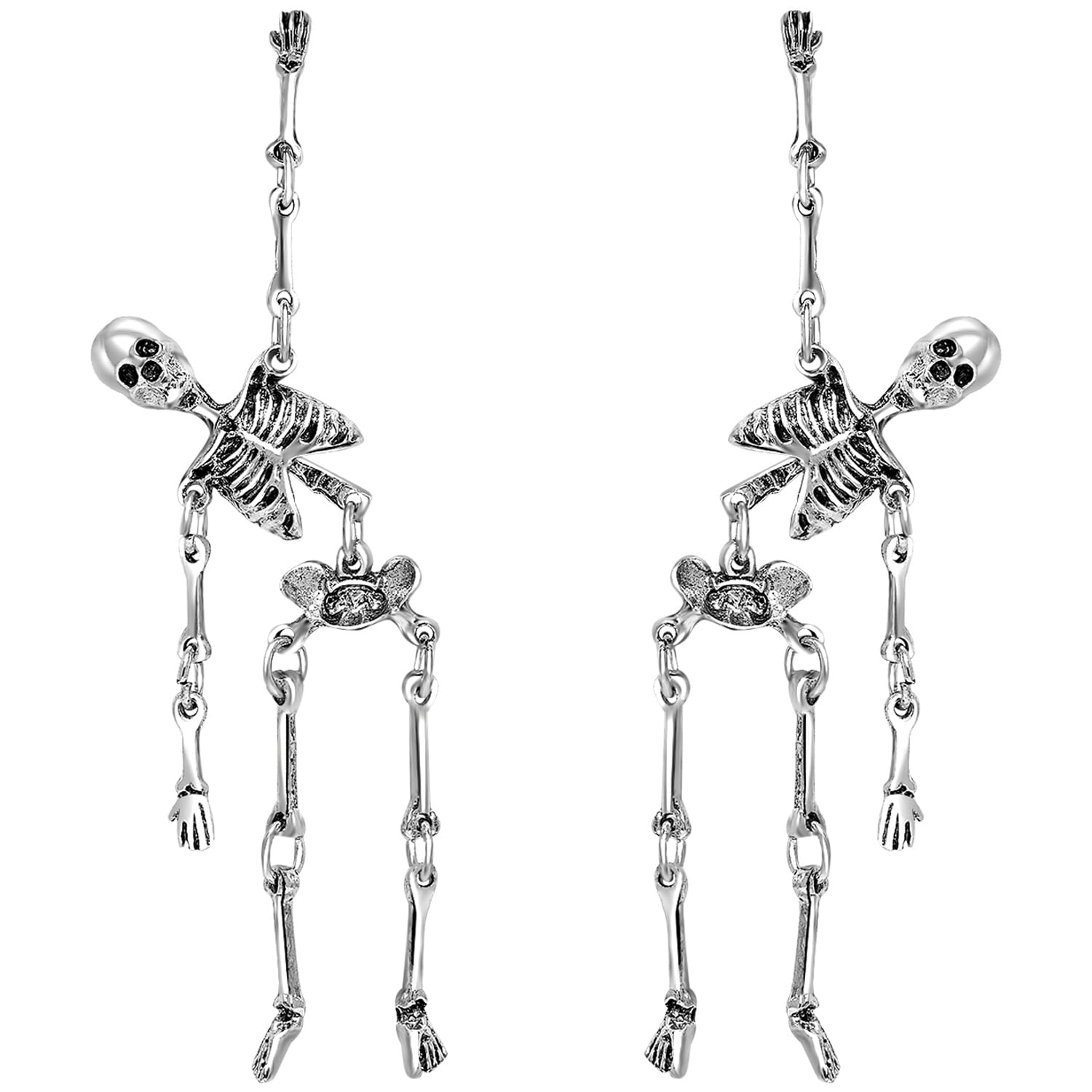 Gothic Skeleton Earrings for Women - Punk Skull Dangle Earrings, Long Articulated Silver Tone Halloween Jewelry, Alternative Goth Accessories Gift