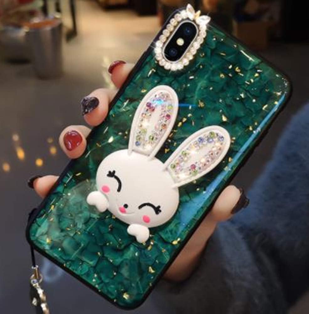 Aulzaju Case for iPhone Xs Max 6.5 Inch, iPhone Xs Max Bling Cute Rabbit Ring Stand Case Hard PC Back Soft Raised TPU Edge Marble Design Cover for iPhone Xs Max for Girls Women Kids-Green