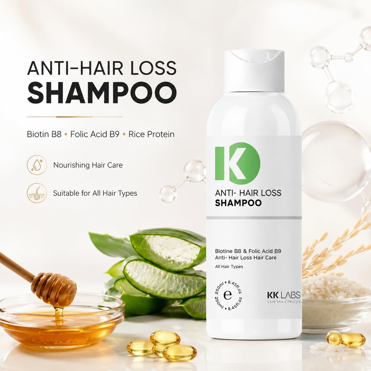 KK Labs Anti Hair Loss Shampoo 250ml - Strengthening Daily Shampoo for Thinning-Prone Hair, Cleanses Scalp and Leaves Hair Looking Fuller, Thicker and Healthier for Men and Women