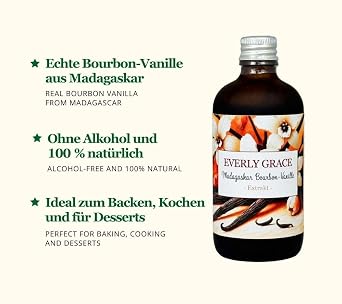 Everly Grace Bio Bourbon Vanille Extrakt alkoholfrei Natürliche flüssige Vanilleessenz aus echten Madagaskar-Schoten. Vegan ohne Zusatzstoffe und ideal zum Backen