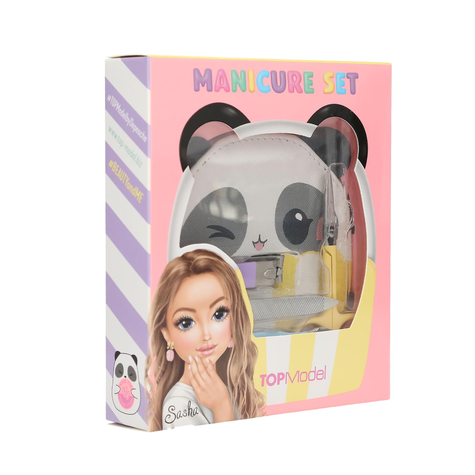 Depesche 14119 TOPModel Candy Glam - zestaw do manicure, kolorowy zestaw z nożyczkami, obcinaczką, pilniczkiem i cążkami do skórek, w komplecie z etui z pandą