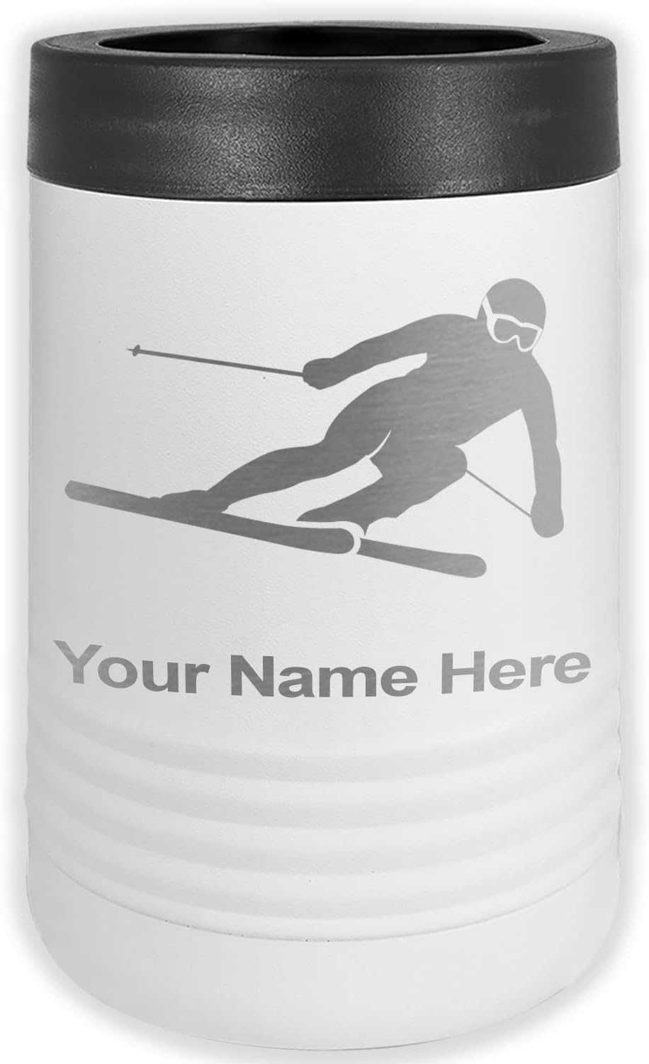 LaserGram Personalized 12 oz. Stainless Steel Can & Bottle Insulator, Skier Downhill – Keeps Drinks Cold Longer (White)