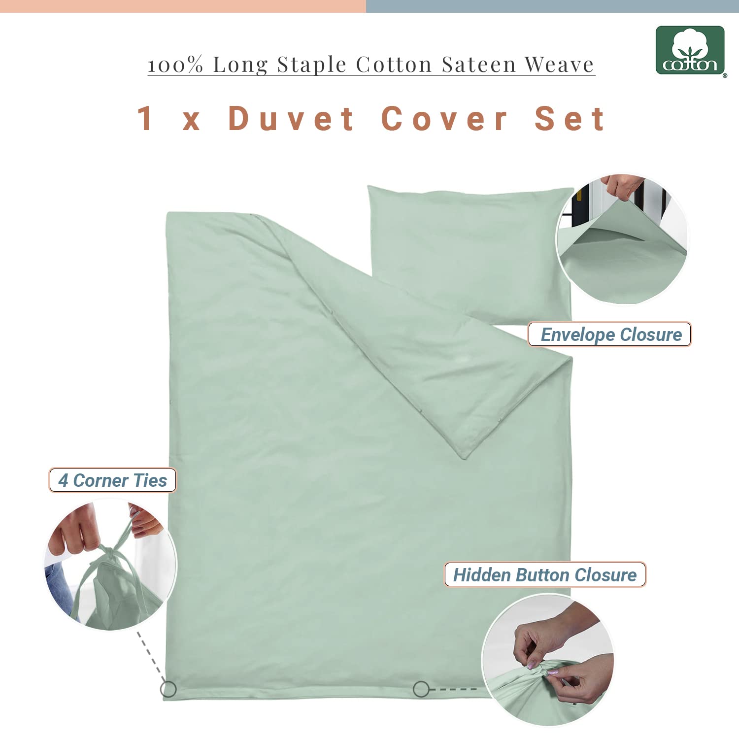 Pizuna 100% Cotton Crib Duvet Cover Sea Foam, 400 Thread Count Long Staple Cotton Duvet Cover 100x135 cm - Image 3