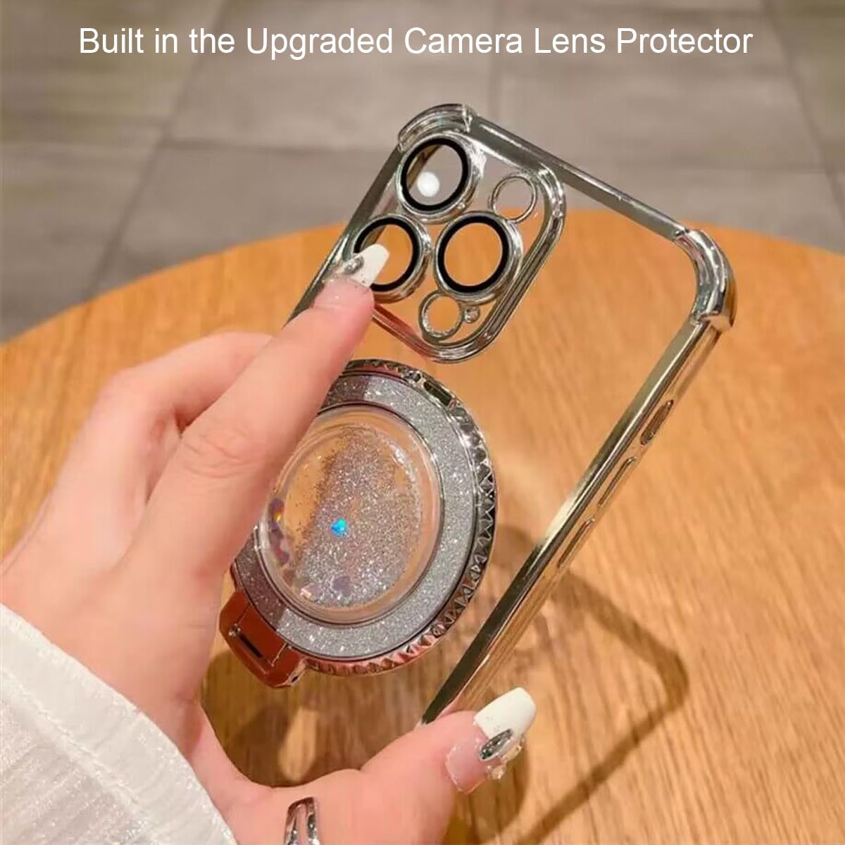 for iPhone 15 Plus Glitter Liquid Stand Case,Cute Luxury Bling Sparkle with Camera Lens Protector Flowing Ring Kickstand TPU Plating Bumper Shockproof Women Girls Case for iPhone 15 Plus,Pink - Image 2