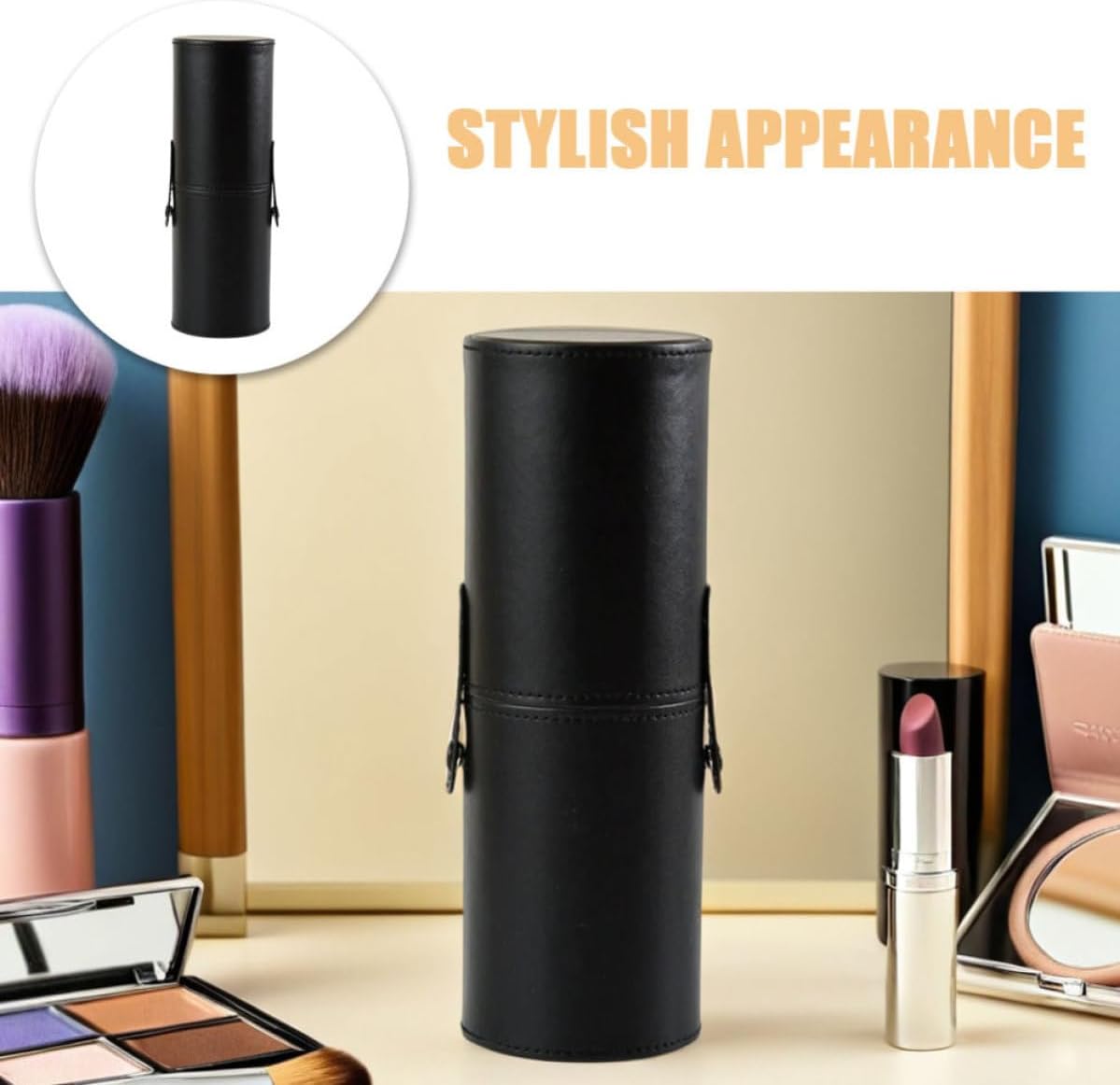 2pcs Black Pu Makeup Brush Holder with Lid, Cylindrical Storage Box