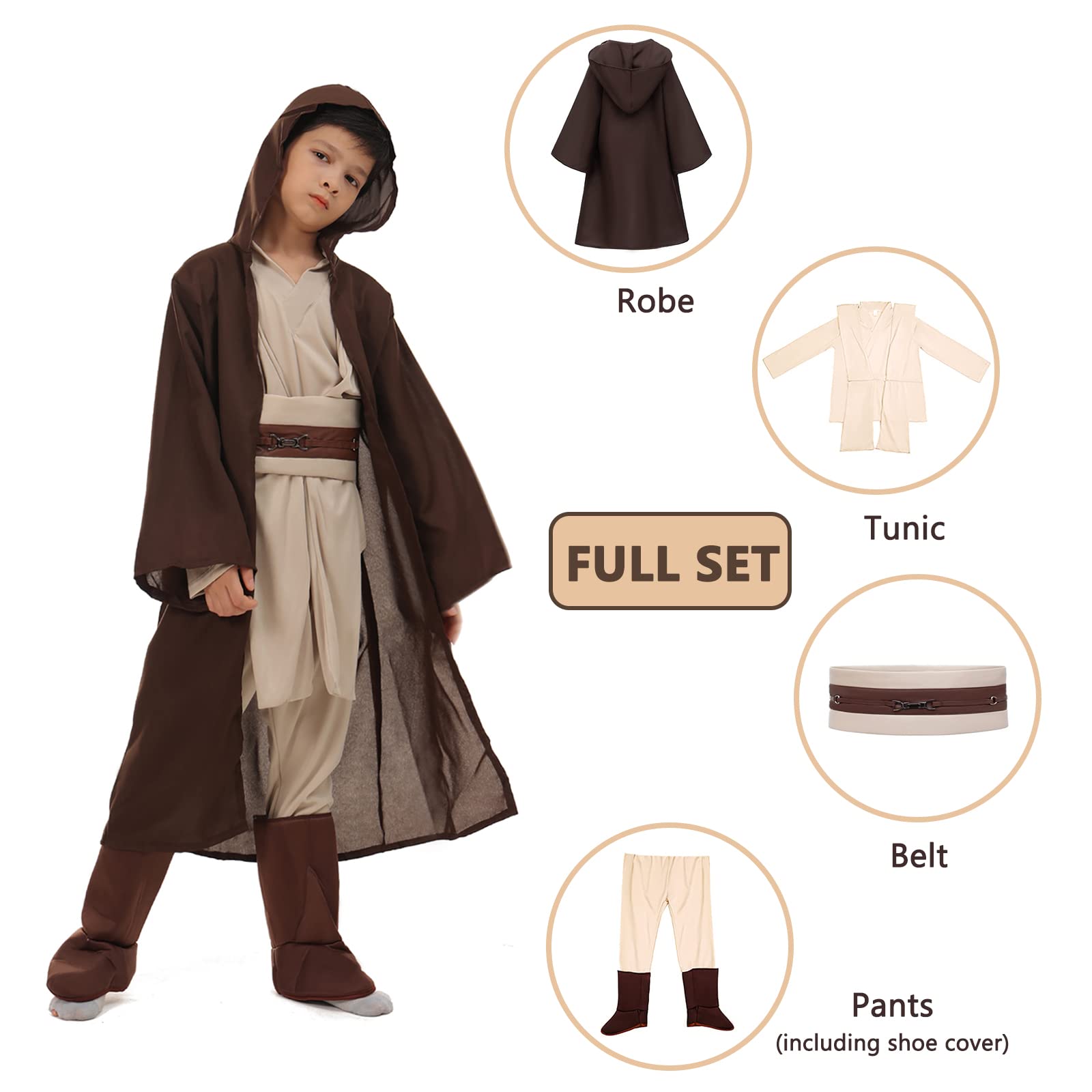 Makoike 5PCS Kids Knight Costume with Skywalker Lightsaber Tunic Outfit Hooded Robe Pants Belt Halloween Costume Props - Image 4