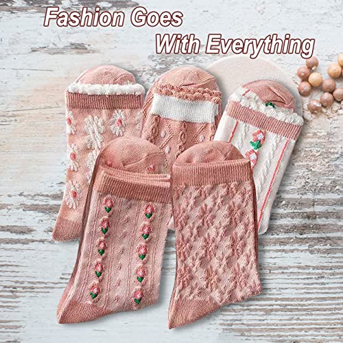 Image of 5 Pack Cute Womens Floral Socks, Vintage Embroidered Frilly Floral Ankle Cotton Cottagecore Socks