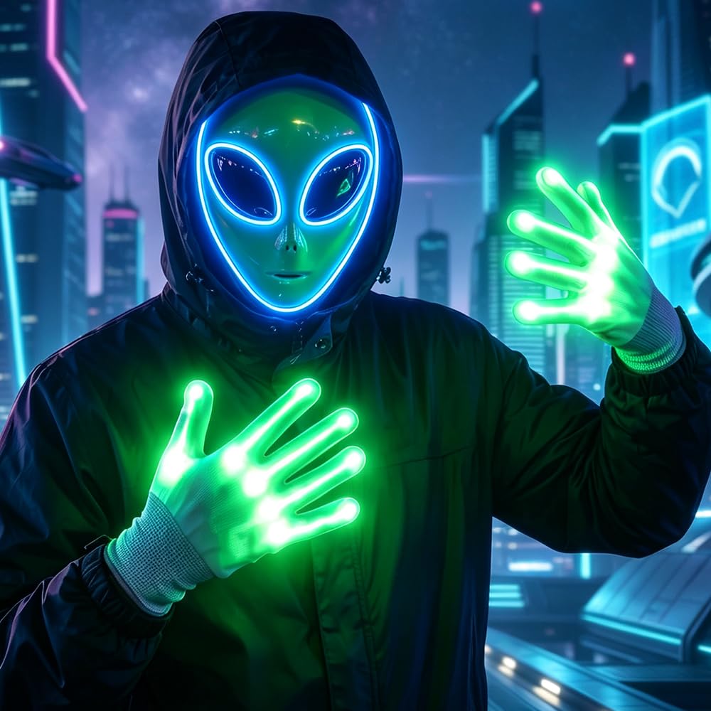 Zogxyc Halloween LED Alien Mask for Adult with Light Up Gloves 3 Modes