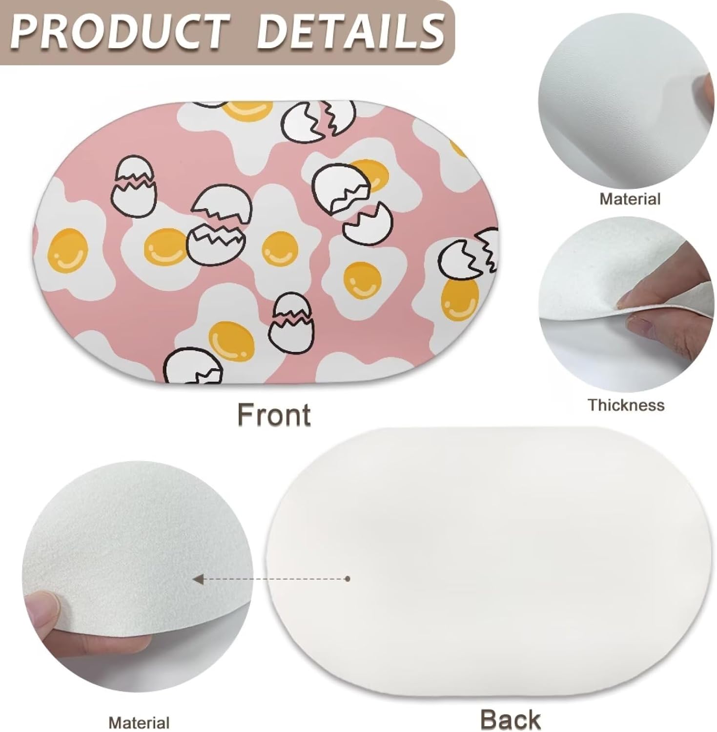 Egg Print Oval Placemats PU Leather Placemats for Round Tables Waterproof Non-Slip Place Mats and Coasters Heat Resistant Table Mats