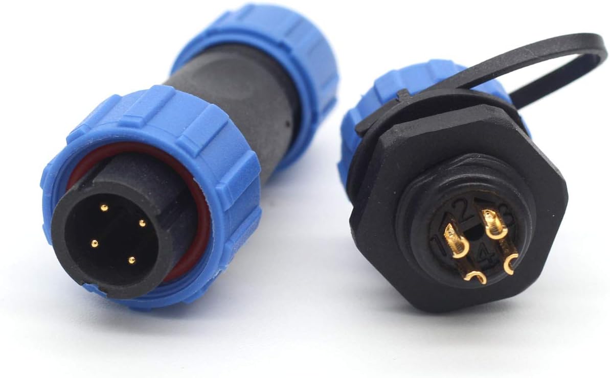 SP13 2pin/3pin/4pin/5pin/6pin/7pin/ 9pin Outdoor Electrical Equipment Power Cable Connector Male and Female,Waterproof Connector Cable Gland Cap (4pin, Panel Mount-Plug(Male)&Socket(Female))