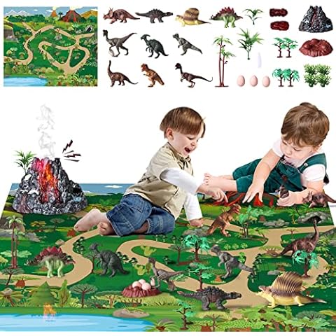 kramow Dinosaur Toys for Boys Age 3 4 5 6 7 8, Dinosaur Figures for Kids with Activity Play Mat, Volcano & Trees, Educational Gifts for Kids Boy Girls Cover