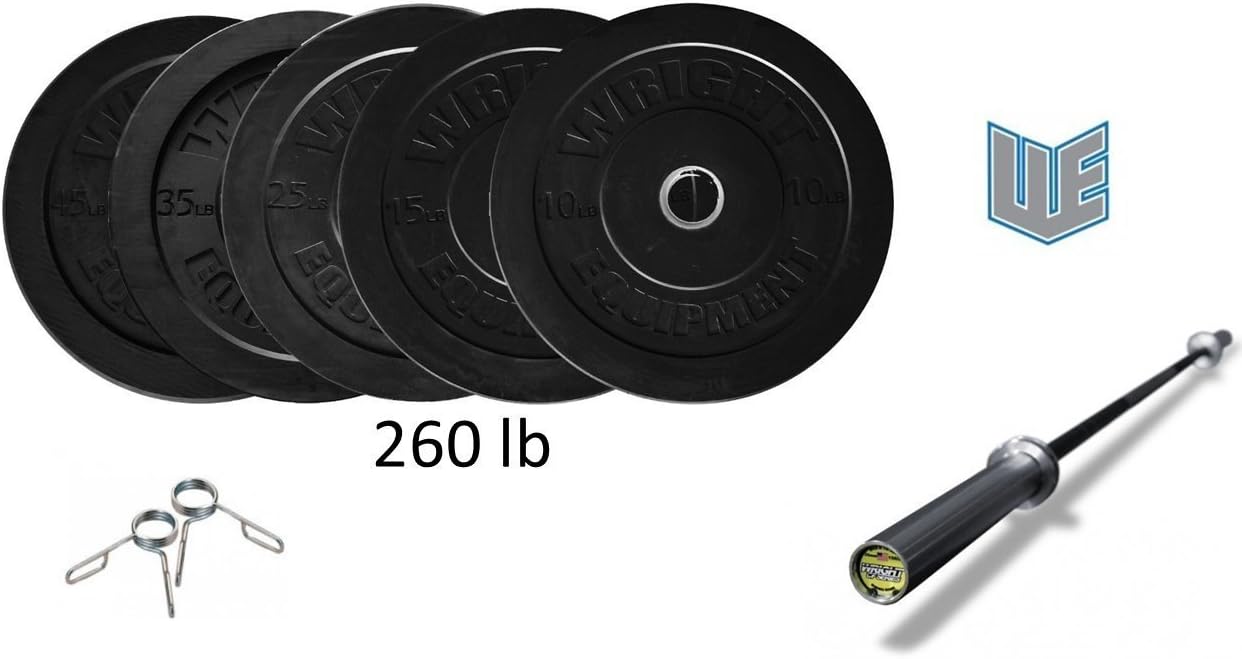 Wright Equipment 260lb Bar and Bumper Set - Black Olympic Rubber Bumper Plates Weight Set & Women's 15kg Bar