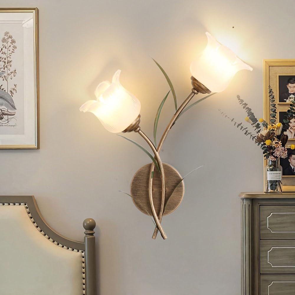 Applique da Parete e Applique a Forma di Fiore, Lampada a 2 luci con Paralume Floreale in Vetro Satinato, Lampada da Comodino, lampadario in Stile Rustico Antico per Camera da Lett