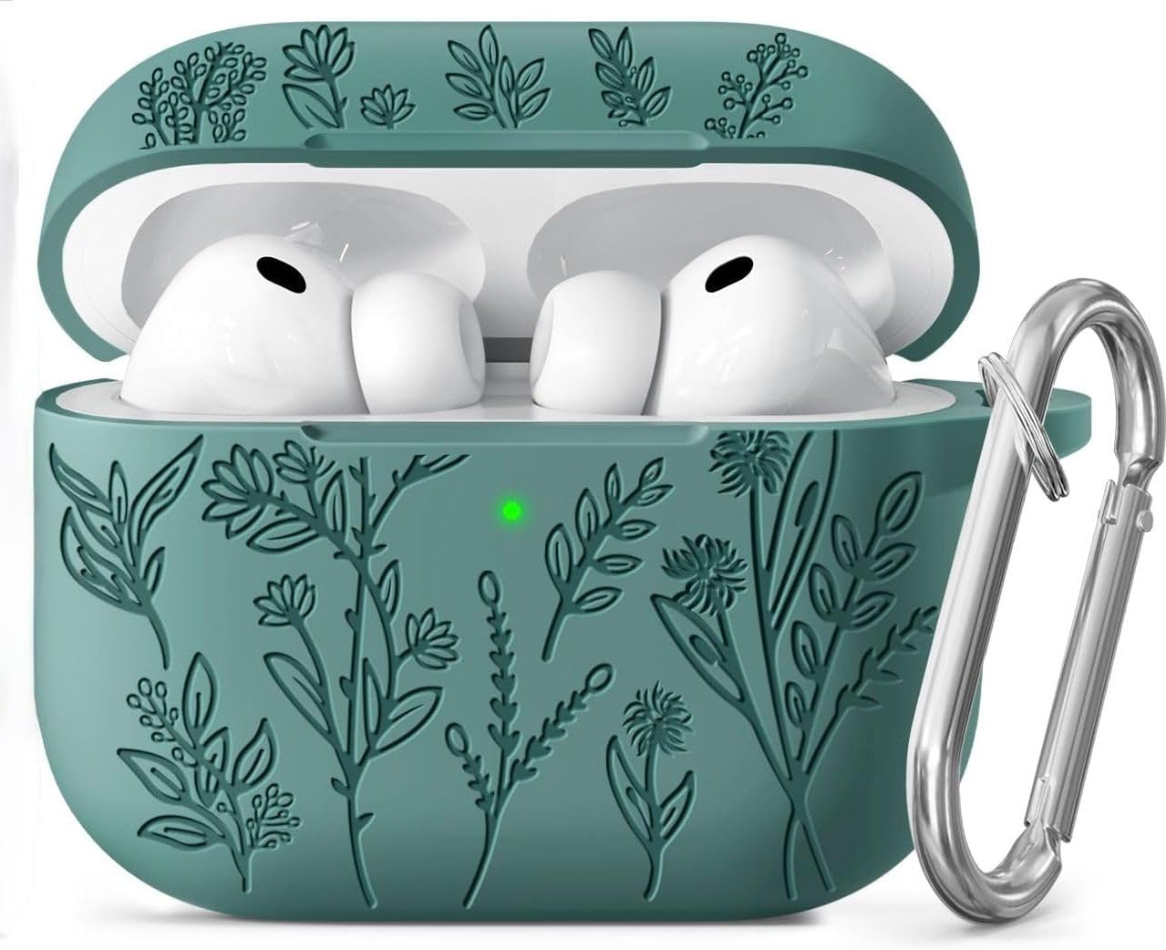Meyaar Silicone Case for AirPods Pro 3 Floral Embossed, Flower Engraved Soft Silicone Cover with Keychain, Anti-Scratch, Shockproof Protective Case Cover (Pine Green, for AirPods Pro 3 (2025))-image-16