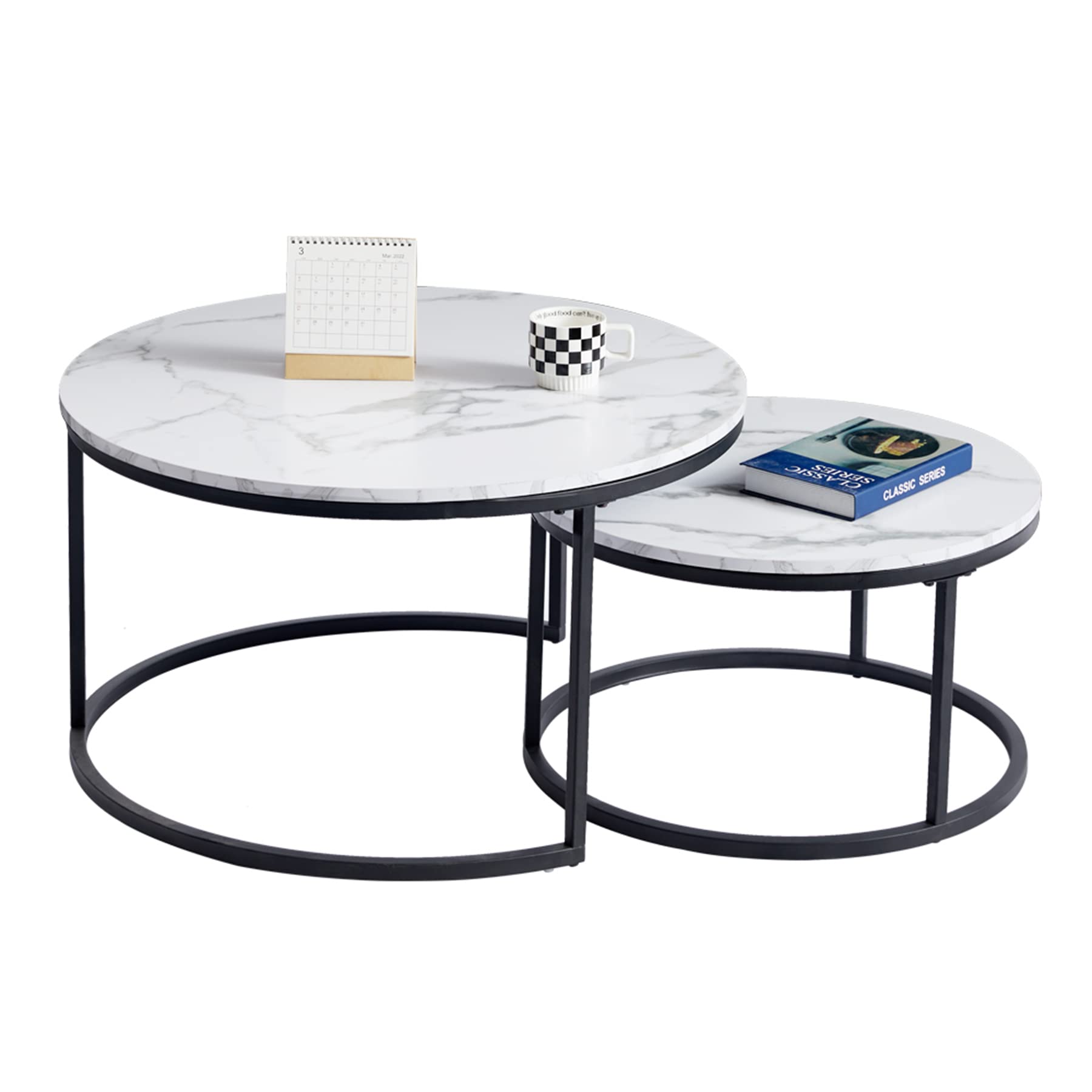 Juego de 2 Mesas de Centro Nido con Estructura Negra; Mesas de Centro Redondas Modernas para Salón, Dormitorio, Balcón, Oficina. Grande: 60*60*45cm; Pequeño: 40*40*35cm (Blanco/Negro)