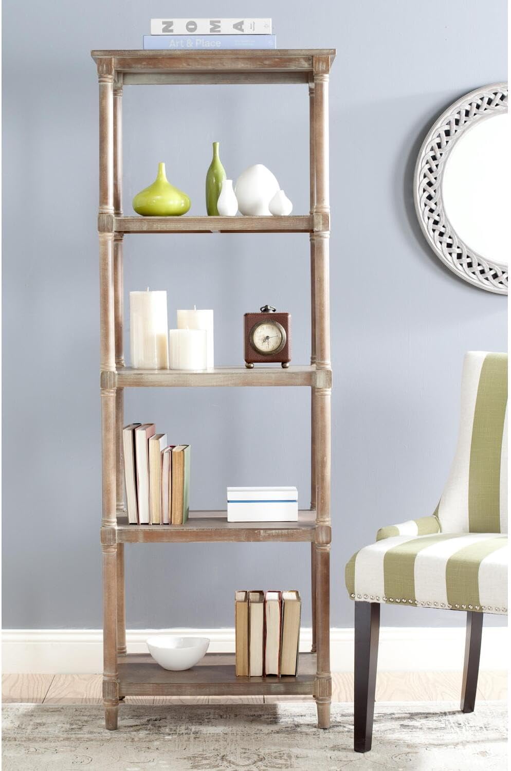 Transitional Gray Pine Wood 5-Tier Spindle Bookcase