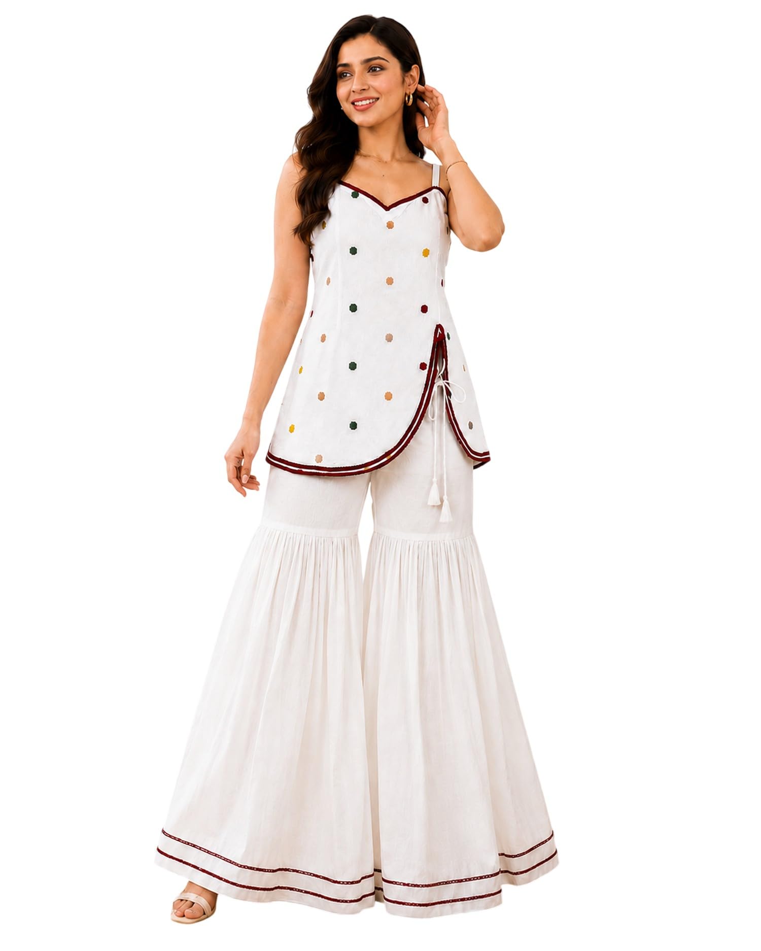 Women Cotton White Embroidered Kurti Set with Flared Sharara Pants, Sleeveless Ethnic Co-Ord Outfit-picture-23