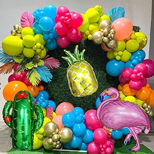 135Pcs Tropical Flamingos Balloons Garland Kit Blue Orange Rose Red Green Hawaii Luau Party Balloons Gold Chrome Balloons with Pineapple and Cactus for Moana Birthday Party Baby Shower Decorations