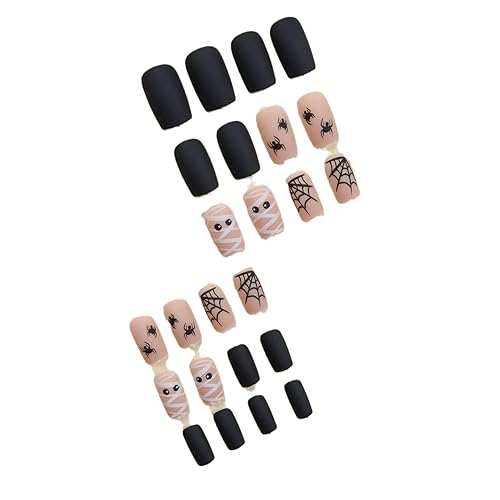 Miniatura 4 de Uñas postizas cortas a presión de Halloween, uñas postizas cuadradas con diseño de momia de telaraña, uñas adhesivas negras, uñas acrílicas mate,