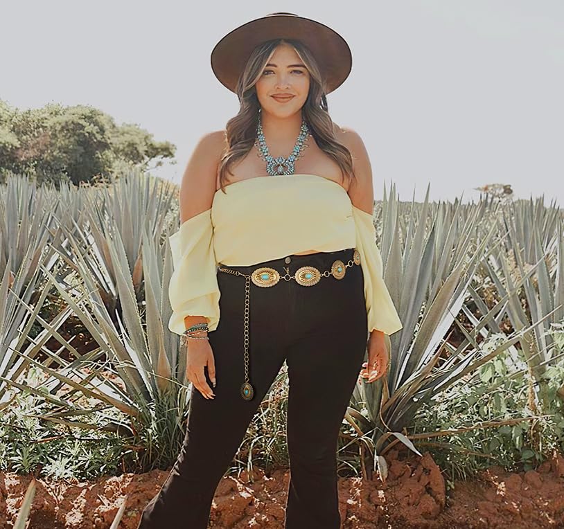 XZQTIVE Women Boho Chain Belts For Dresses Jeans Western Cowgirl Waist Links Belt Adjustable Metal Concho Belt2