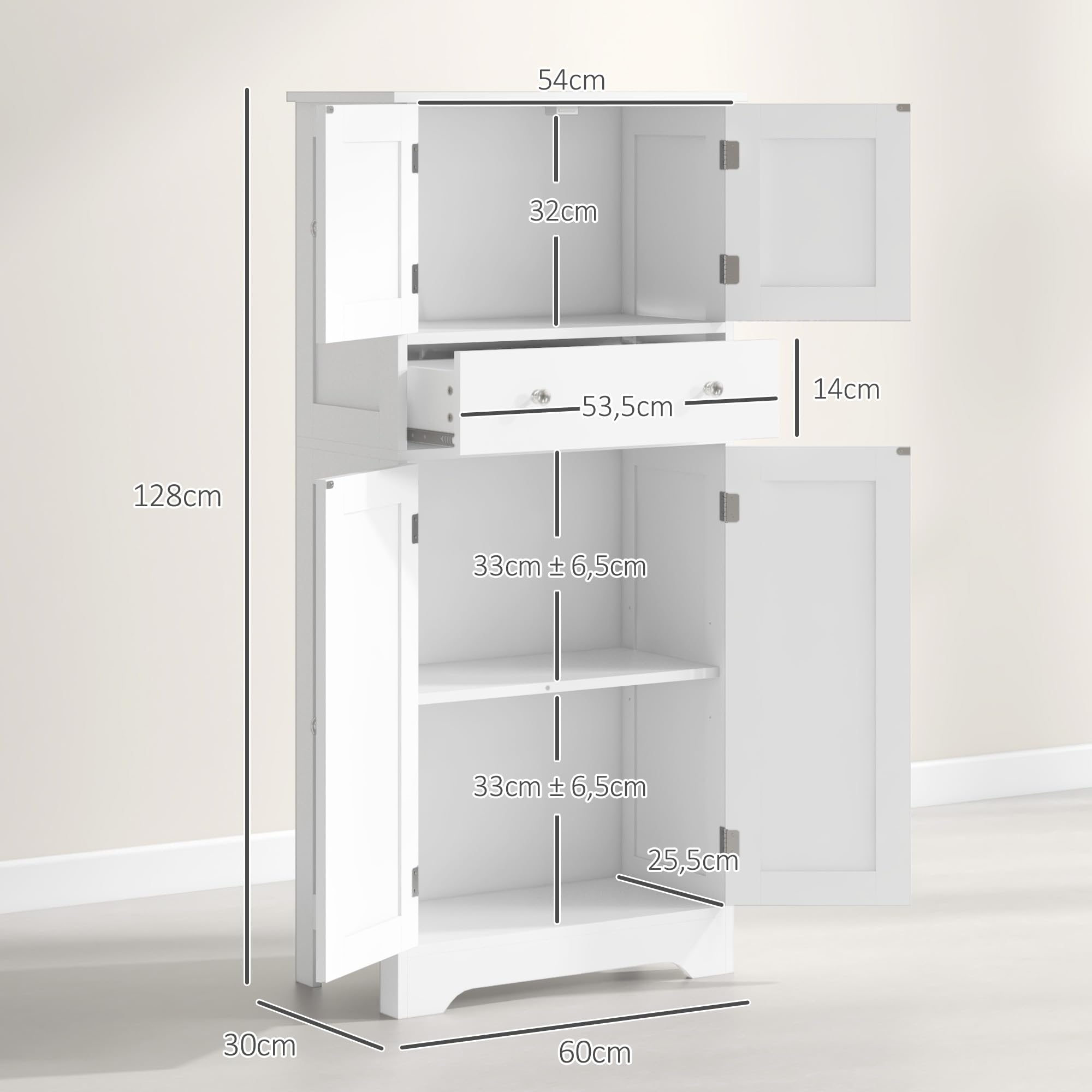HOMCOM Armadio da cucina a buffet in stile moderno con armadietti, ripiani regolabili, cassetto, per sala da pranzo, soggiorno, 60 x 30 x 128 cm, bianco