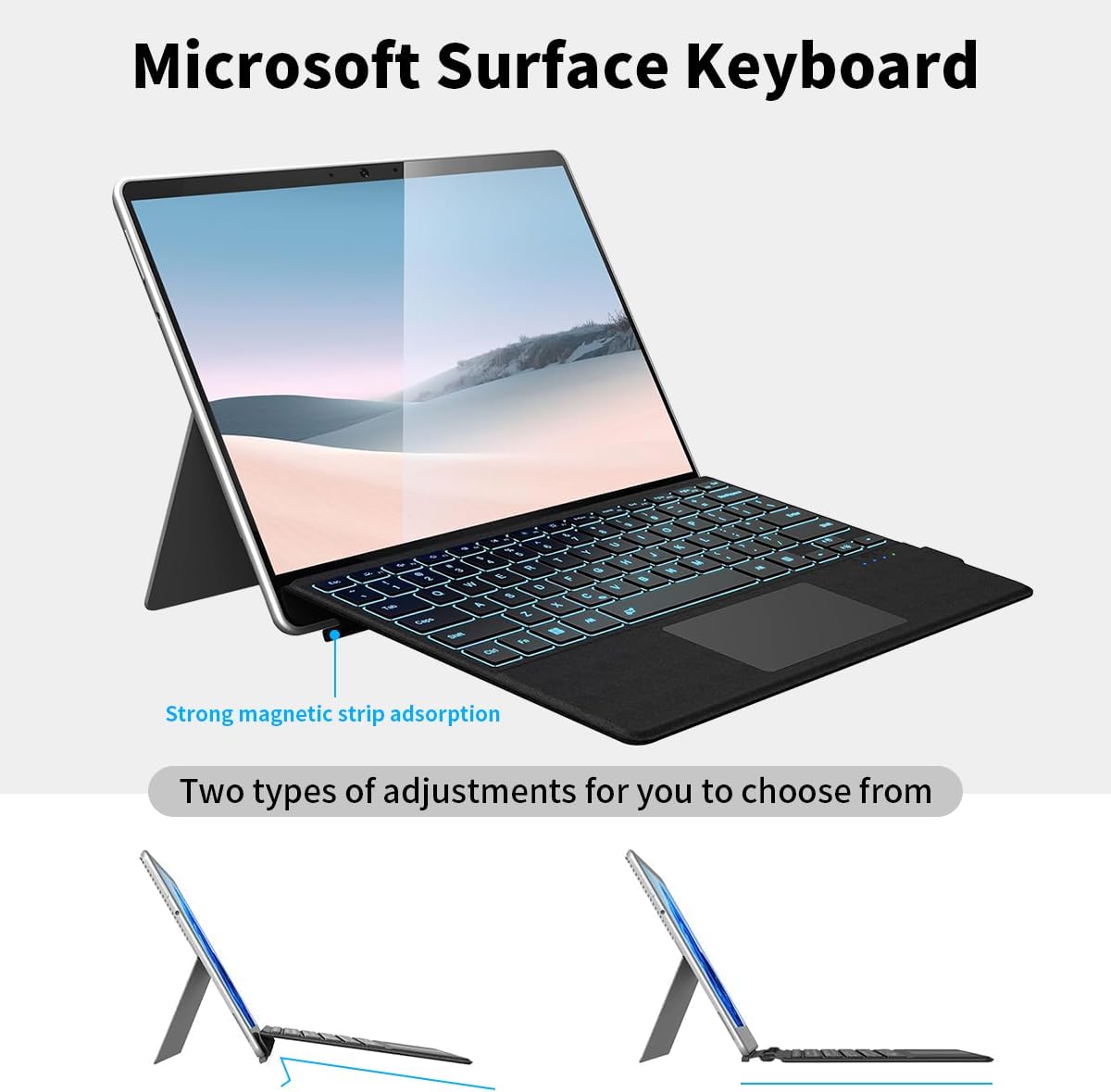 Microsoft Surface Pro Keyboard for 7+/7/6/5/4/3, 12.3" Wireless Bluetooth Type Cover with 7-Color Backlit, Ultra-Slim Design, Multi-Touch Trackpad, Rechargeable Battery, (Black)