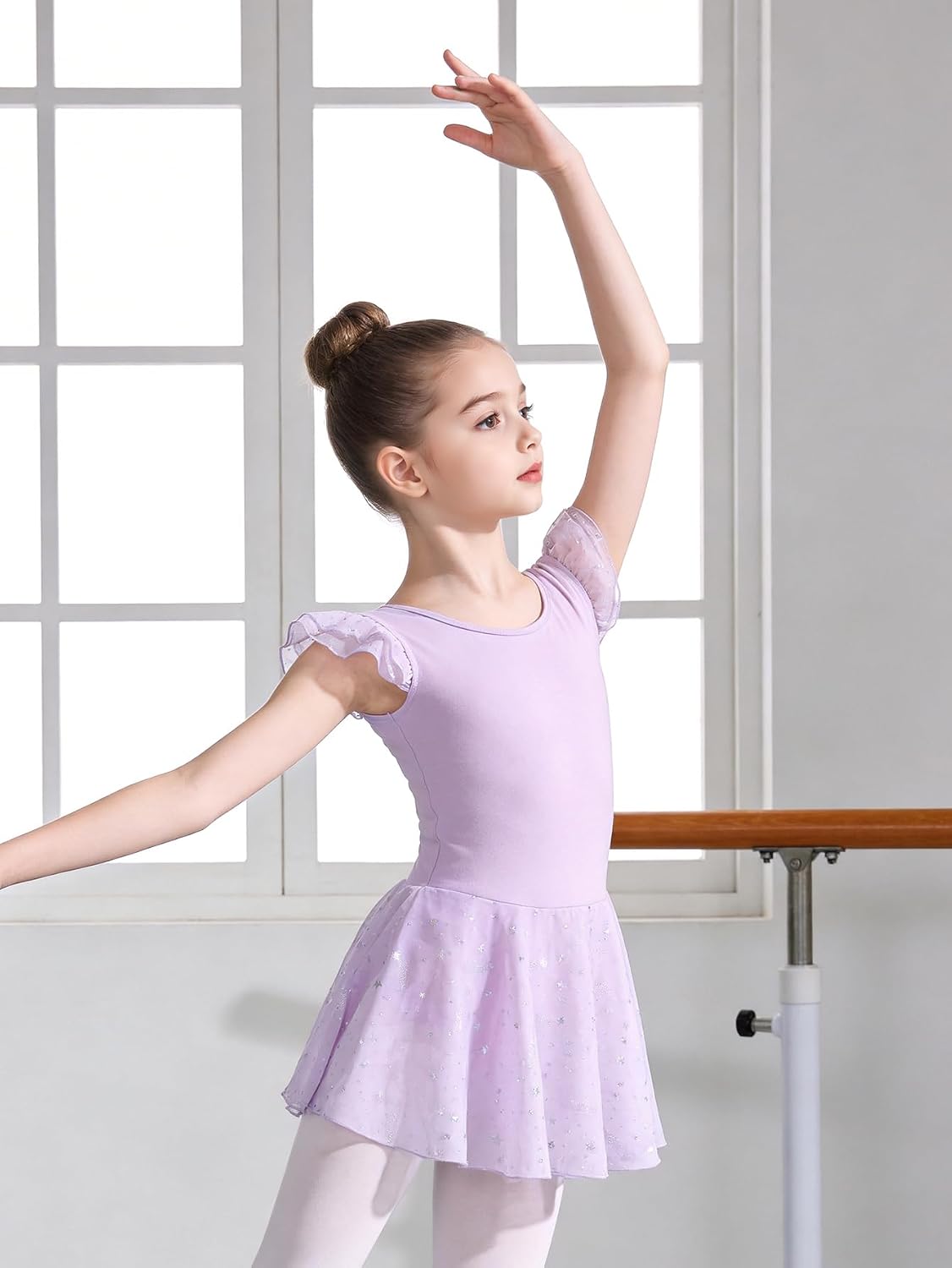 HidanyBallet Leotards for Girls with Flutter Sleeve Butterfly Back Star Print Tutu Skirt for Dance Class