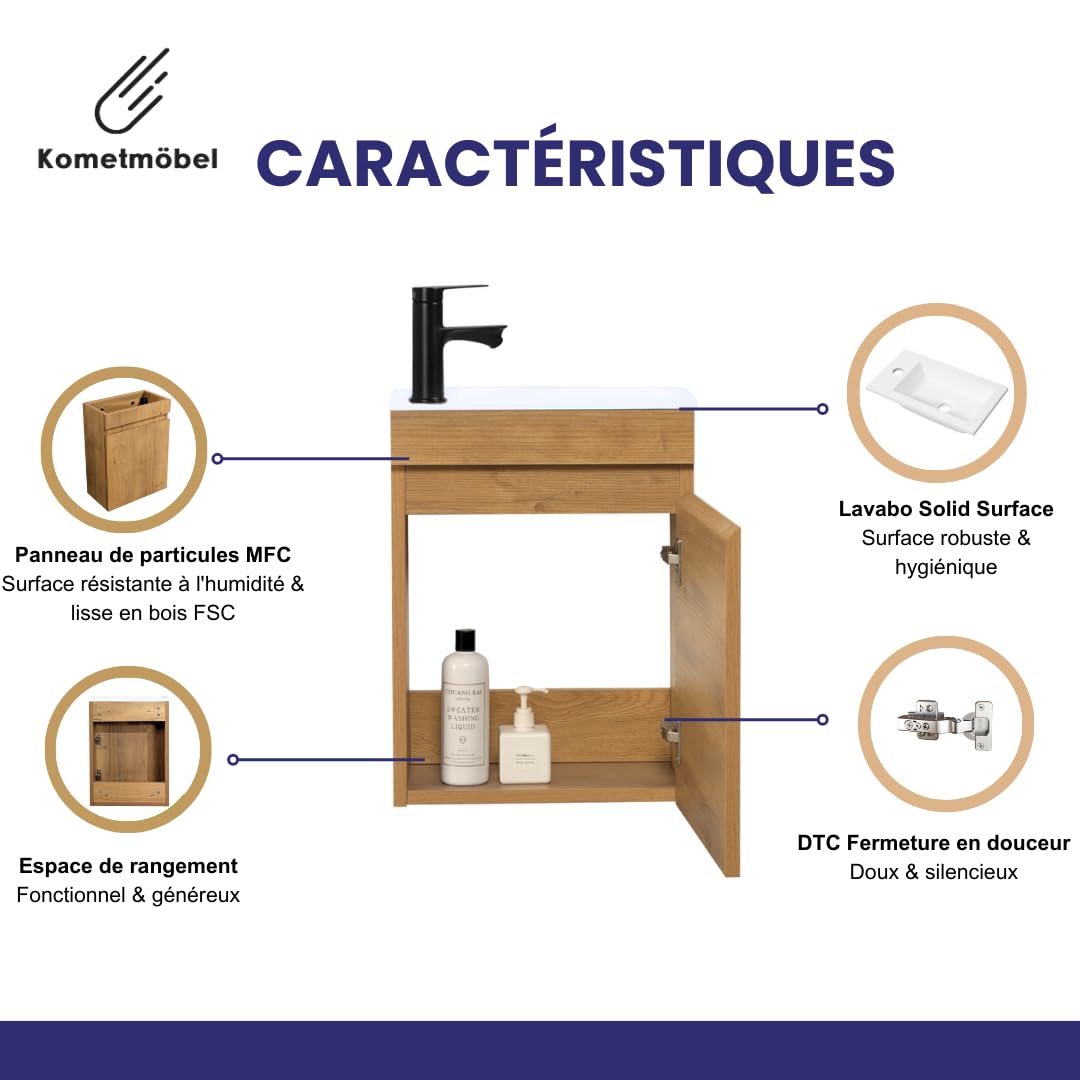 Meuble Lave Mains WC Meuble lavabo 40cm déjà monté (Chêne 40cm, sans Mitigeur)