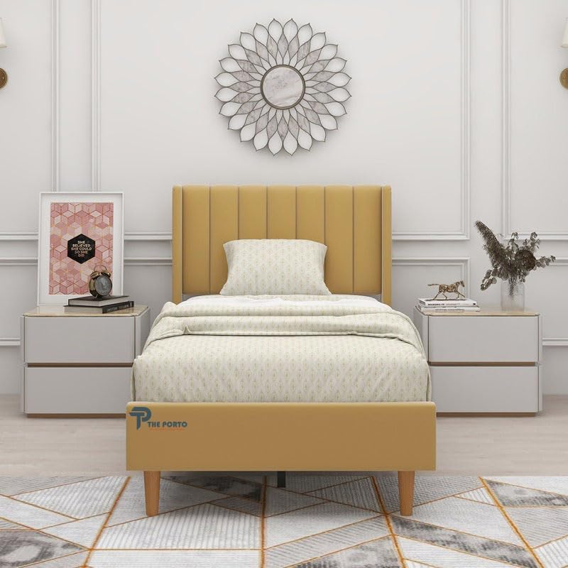 Image of Solid Wood Upholstered Single Bed for Bedroom Without Storage | Premium Fabric with Wingback Headboard | Wooden Single Bed Palang for Home | Stylish Single Cot Bed | 6 x 4 Ft, Pake Gold