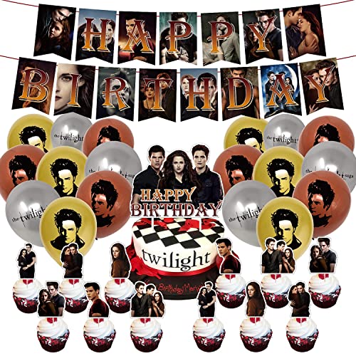QICI Twilight Saga Birthday Party Supplies Twilight Saga Theme Party Decorations for Fans Include Happy Birthday Banner, Cake Topper, 24 Cupcake Toppers and 18 Latex Balloons