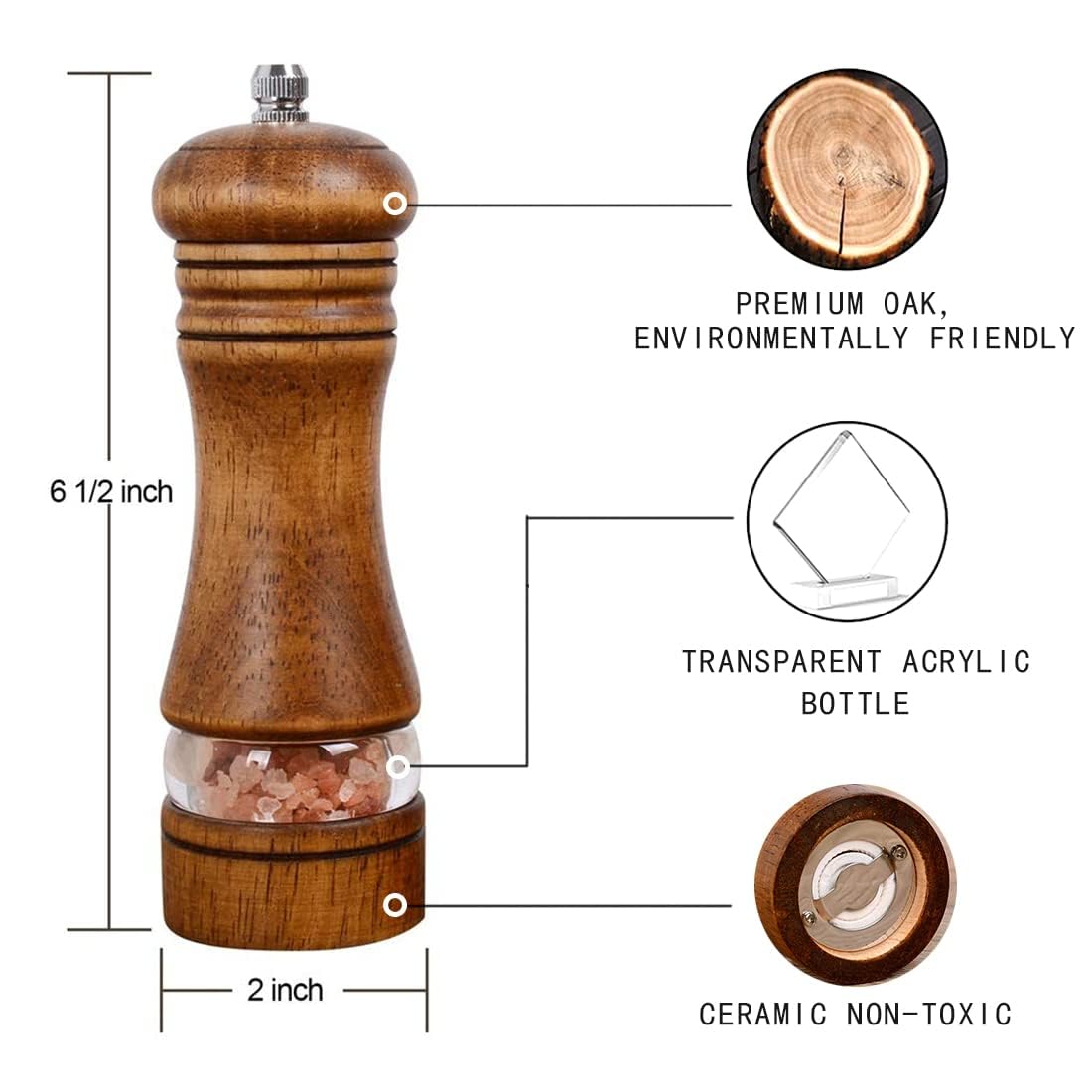 2 pezzi Macina Pepe,Macinino Manuale per Pepe e Sale, Macina Pepe Legno Massiccio,Set saliera e pepiera ricaricabili con 2 raccordi per rotore in ceramica (6.5 inch,marrone)
