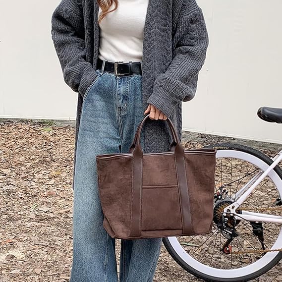 Image of (2pcs) suede tote bag for women and Clutch Set Large Suede Tote Work Bag Handbag Tote Faux Suede Handbag Vintage Fall Bag (curry)