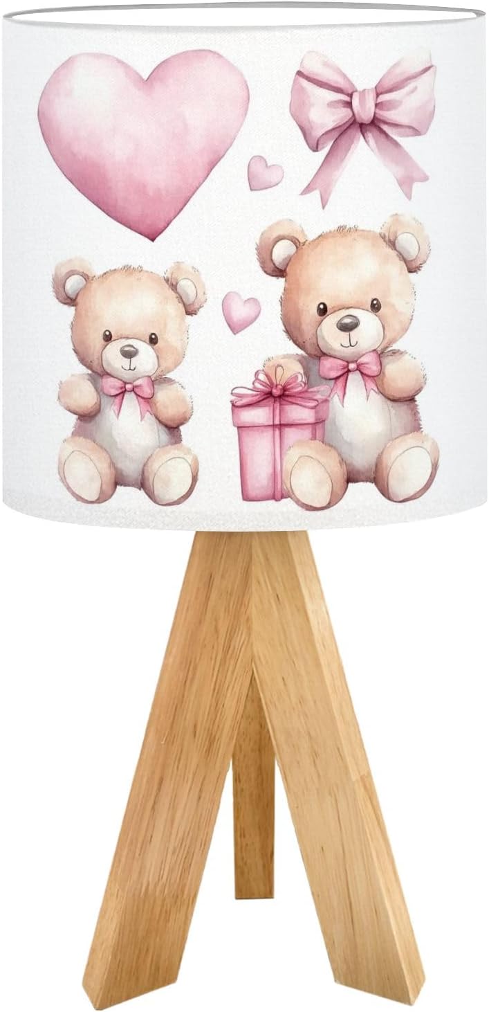Tripod Bedside Desk Table Lamp Set Teddy Bears Balloon Party Gifts Cute Baby Wood Nightstand Lamp with Linen Fabric Shade for Nursery Bedroom Living Room Kids Room