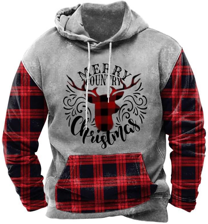 Arvilhill Men Ugly Christmas Hoodies Vintage Xmas Plaid Sweatshirt with Kangaroo Pocket (S-3XL)
