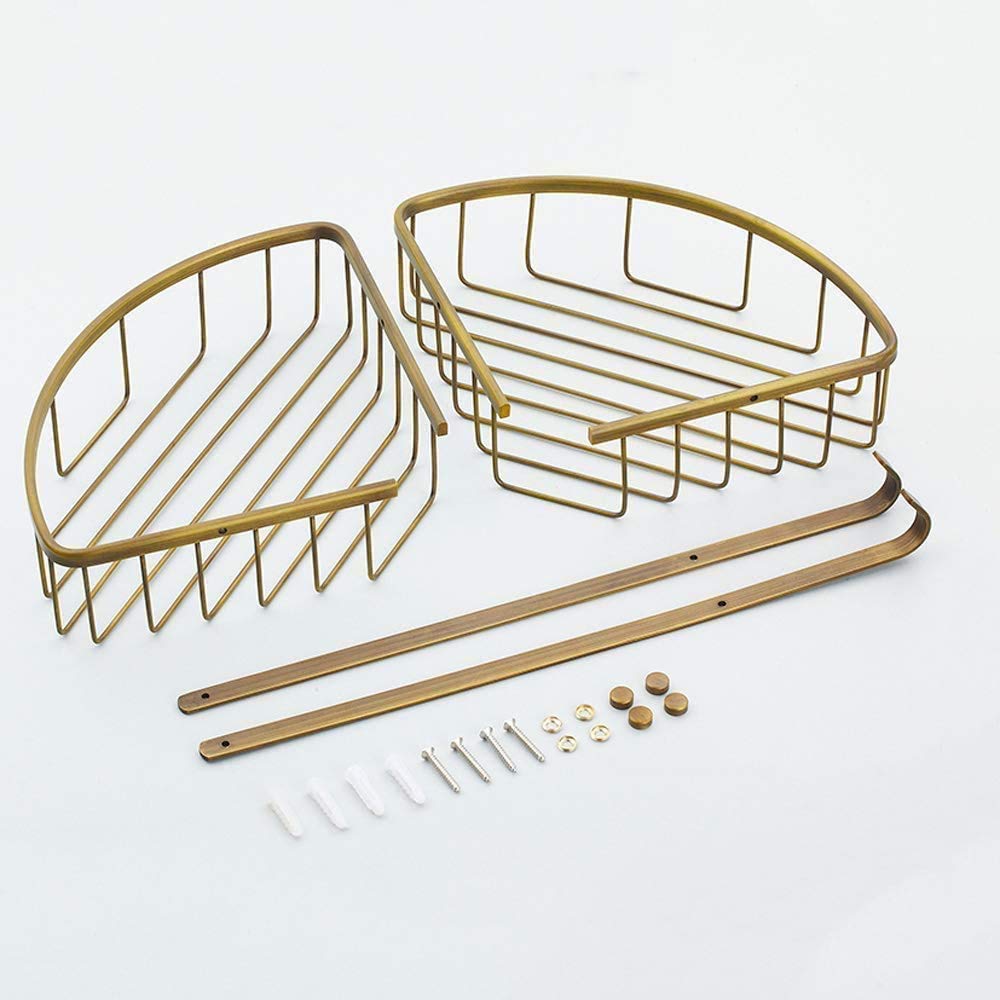 Cesta de almacenamiento de latón macizo antiguo doble estante de esquina de baño montado en la pared, soporte para colgar en la ducha, estante de baño triangular dorado con ganchos, resistente al