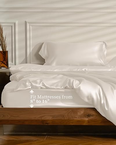 Miniatura 5 de THXSILK Juego de funda de edredón de seda de 25 momme, 4 piezas, 100% seda natural de morera, tamaño Queen, color blanco