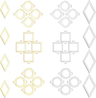 SUNNYCLUE 1 Box 32Pcs 4 Styles Stainless Steel Connectors Charms Hollow Flat Round Open Bezel Square Rhombus Ring Geometric Links Charm Double Loops for Jewelry Crafts Making Supplies, Golden Silver