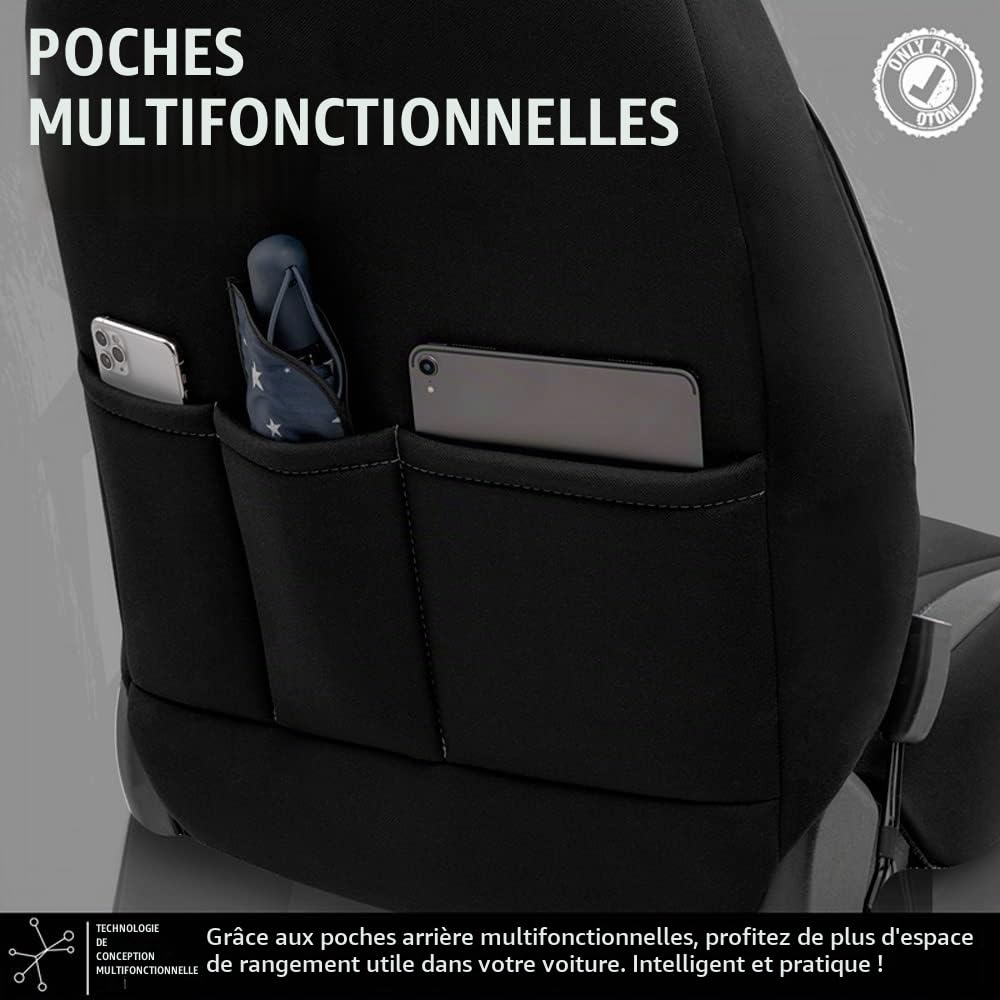 otoM Housse de sièges en textile/cuir 'Limited' Noir + Surpiqûres gris | 11-pièces - universel - adapté aux Side-Airbags